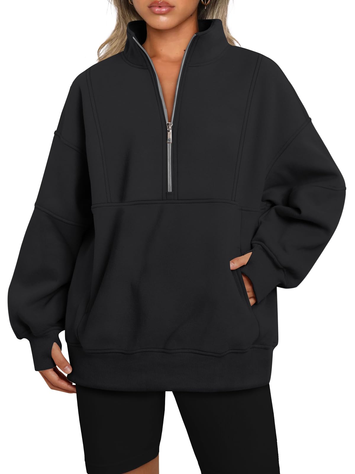 AUTOMET Women's Half Zip Oversized Sweatshirts Fleece Pullover Long Hoodies Casual Mock Turtleneck Sweaters with Pockets