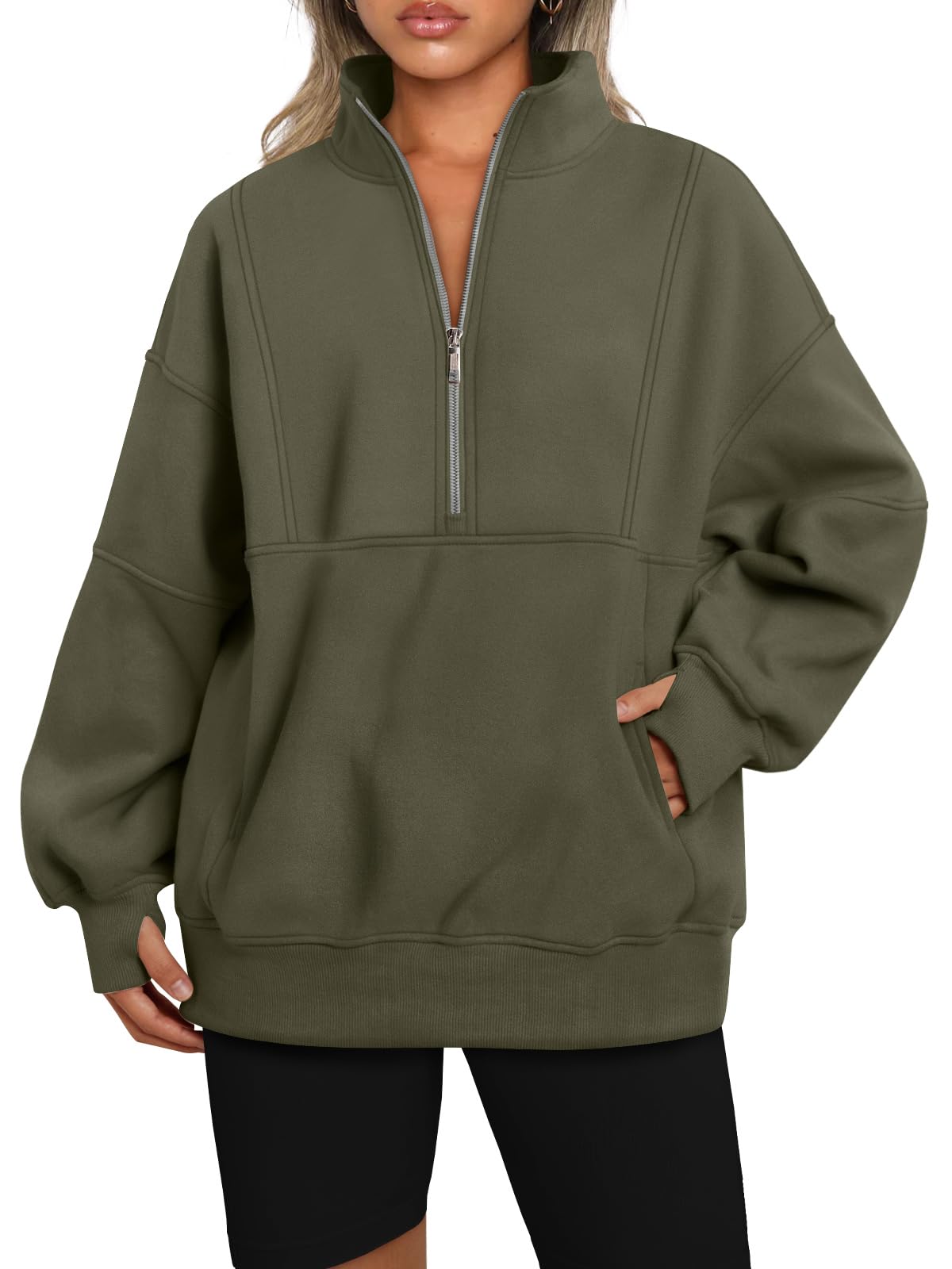 AUTOMET Women's Half Zip Oversized Sweatshirts Fleece Pullover Long Hoodies Casual Mock Turtleneck Sweaters with Pockets