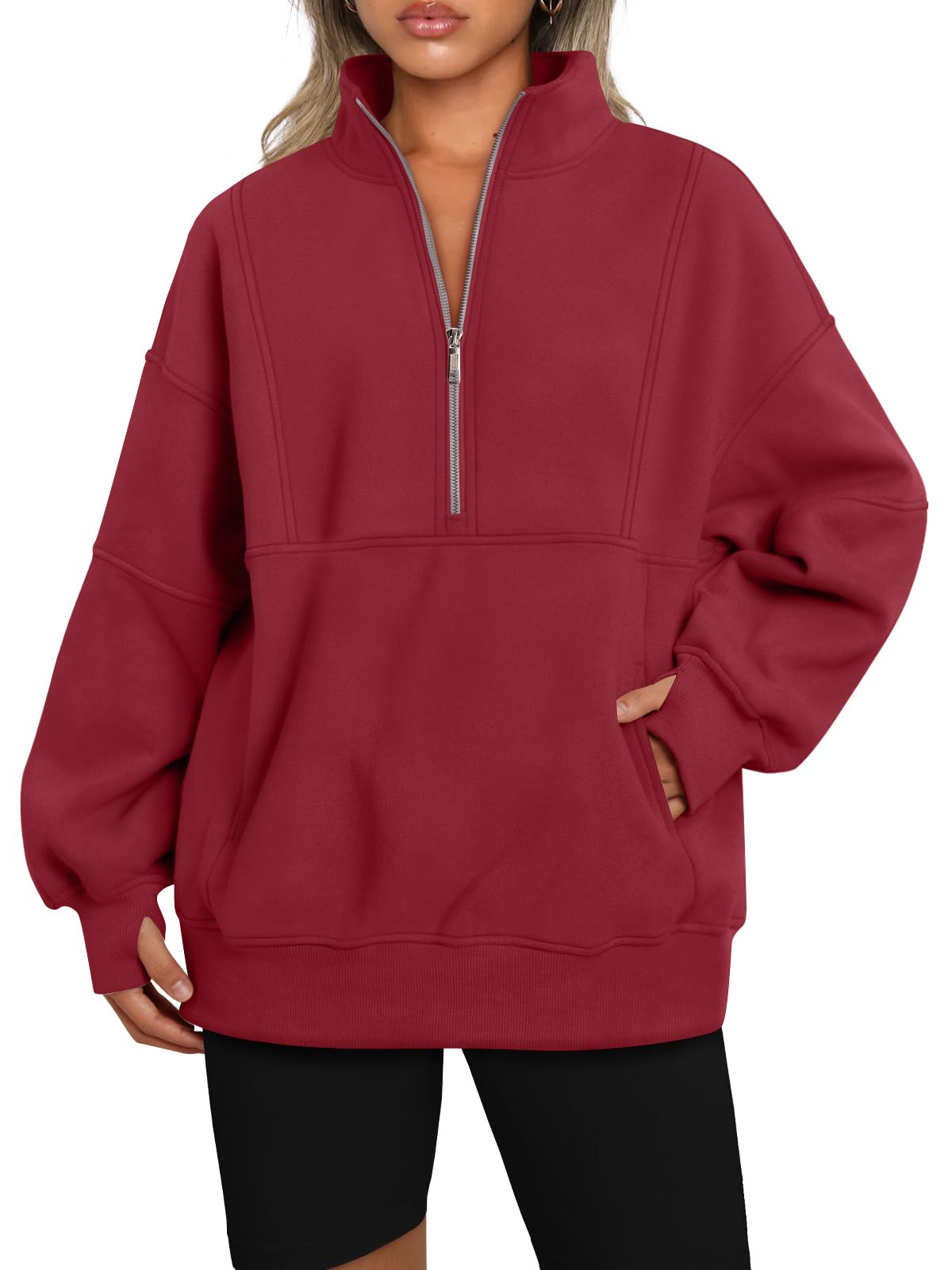 AUTOMET Women's Half Zip Oversized Sweatshirts Fleece Pullover Long Hoodies Casual Mock Turtleneck Sweaters with Pockets