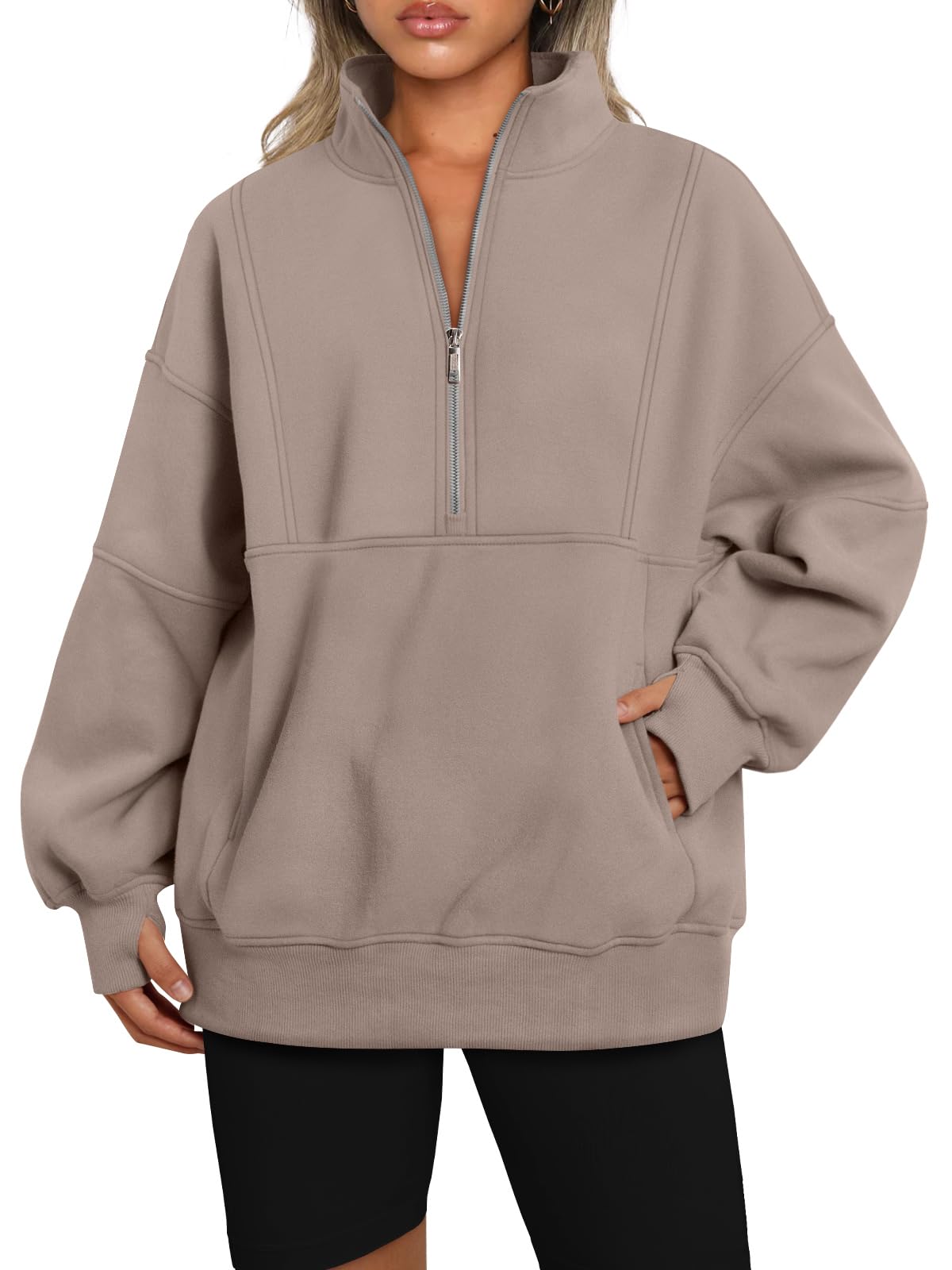 AUTOMET Women's Half Zip Oversized Sweatshirts Fleece Pullover Long Hoodies Casual Mock Turtleneck Sweaters with Pockets