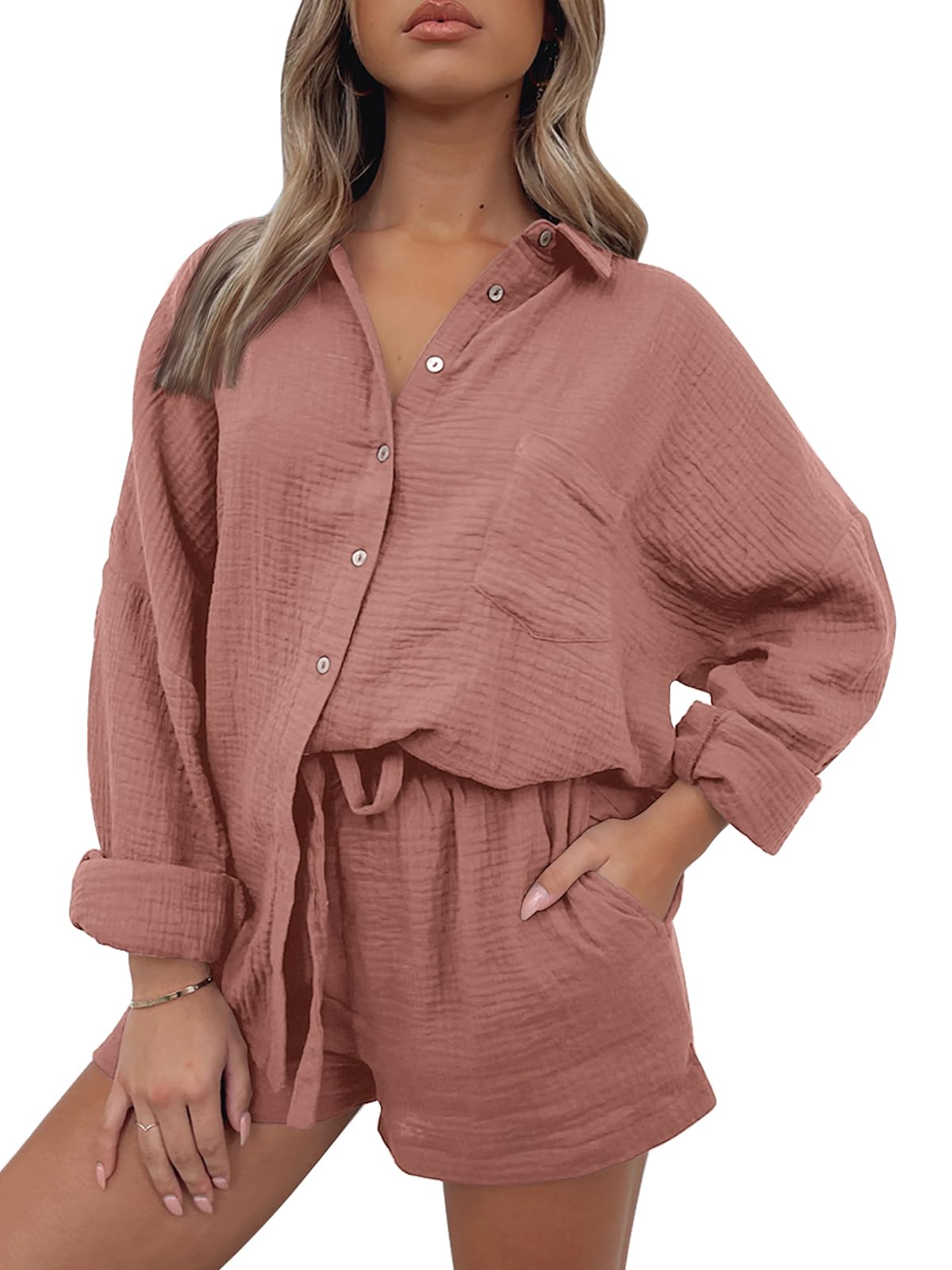 AUTOMET 2 Piece Sets For Women Lounge Wear Matching Two Piece Pajama Fashion Oversized Shirts And Shorts Spring Outfit 2025