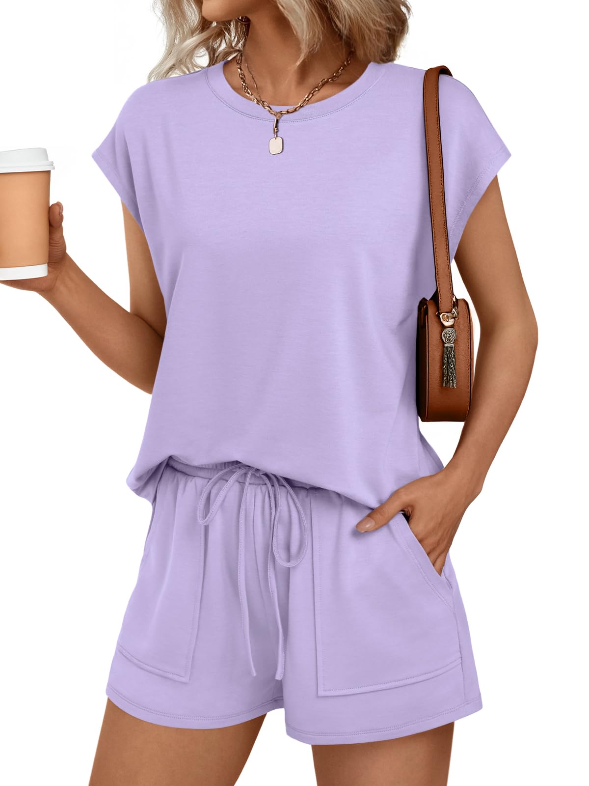 AUTOMET Womens Crew Neck Two Piece short Sets Cap Sleeve Drawstring Summer Sweatsuit with Pocket