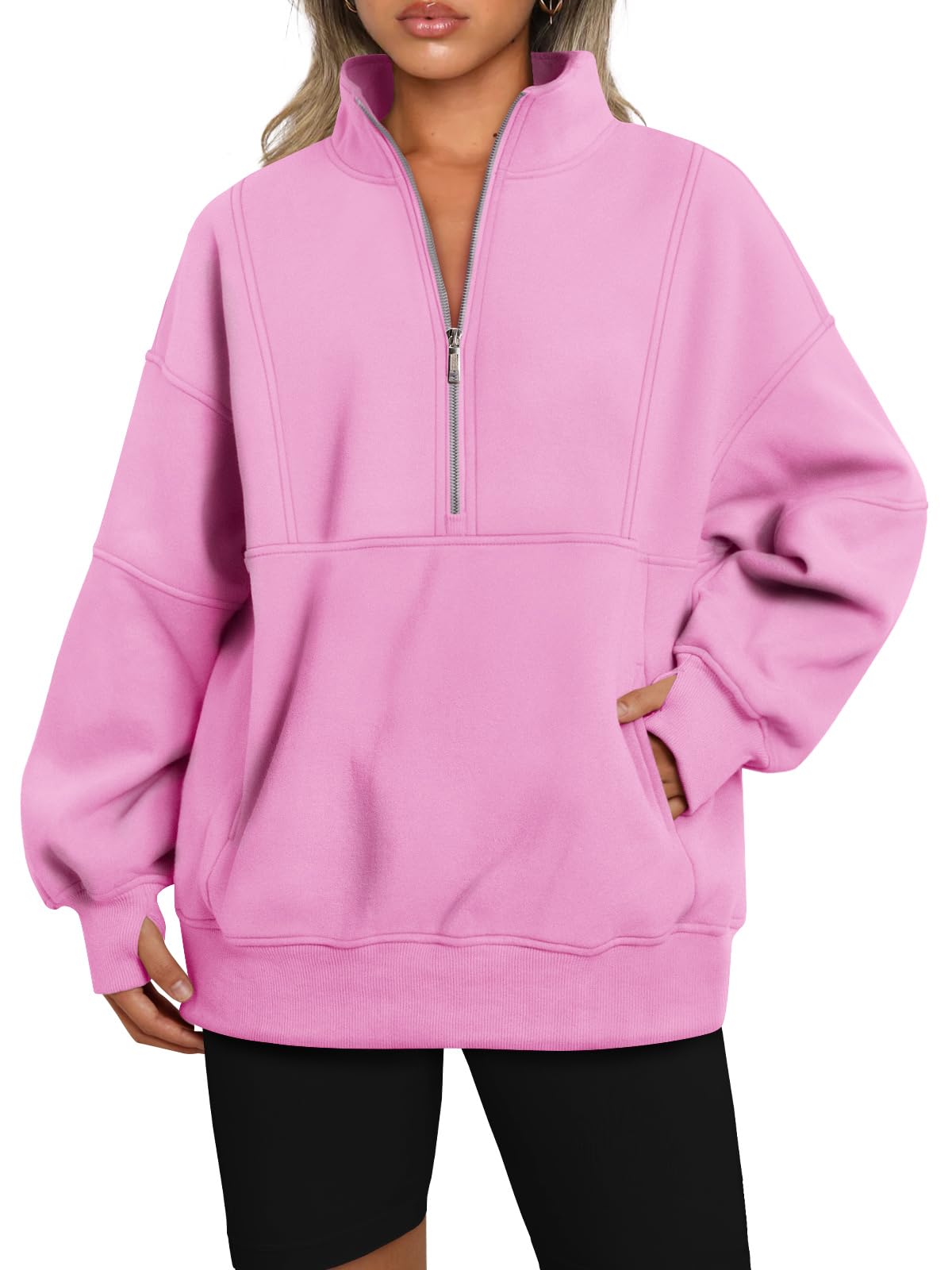 AUTOMET Women's Half Zip Oversized Sweatshirts Fleece Pullover Long Hoodies Casual Mock Turtleneck Sweaters with Pockets