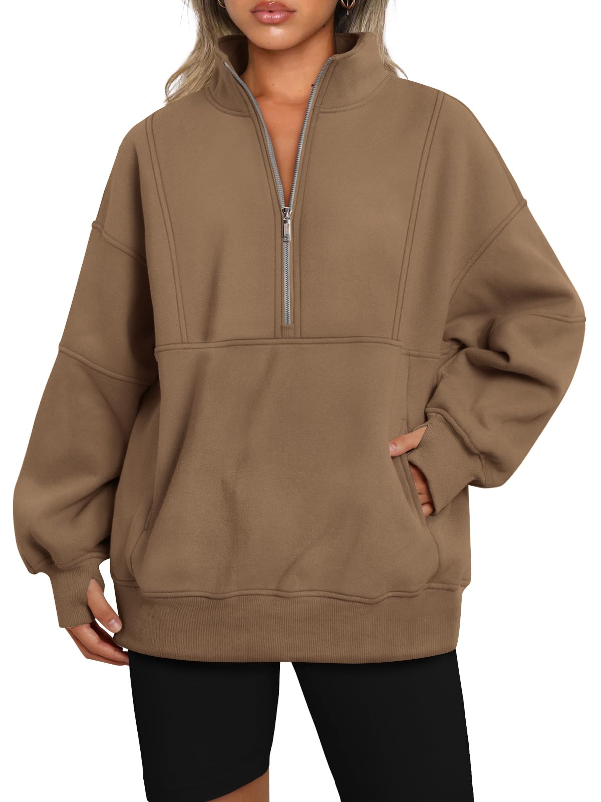 AUTOMET Women's Half Zip Oversized Sweatshirts Fleece Pullover Long Hoodies Casual Mock Turtleneck Sweaters with Pockets