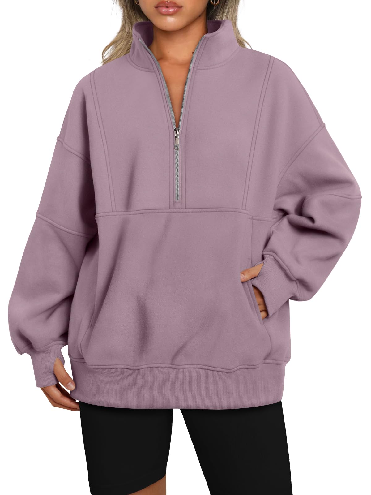 AUTOMET Women's Half Zip Oversized Sweatshirts Fleece Pullover Long Hoodies Casual Mock Turtleneck Sweaters with Pockets