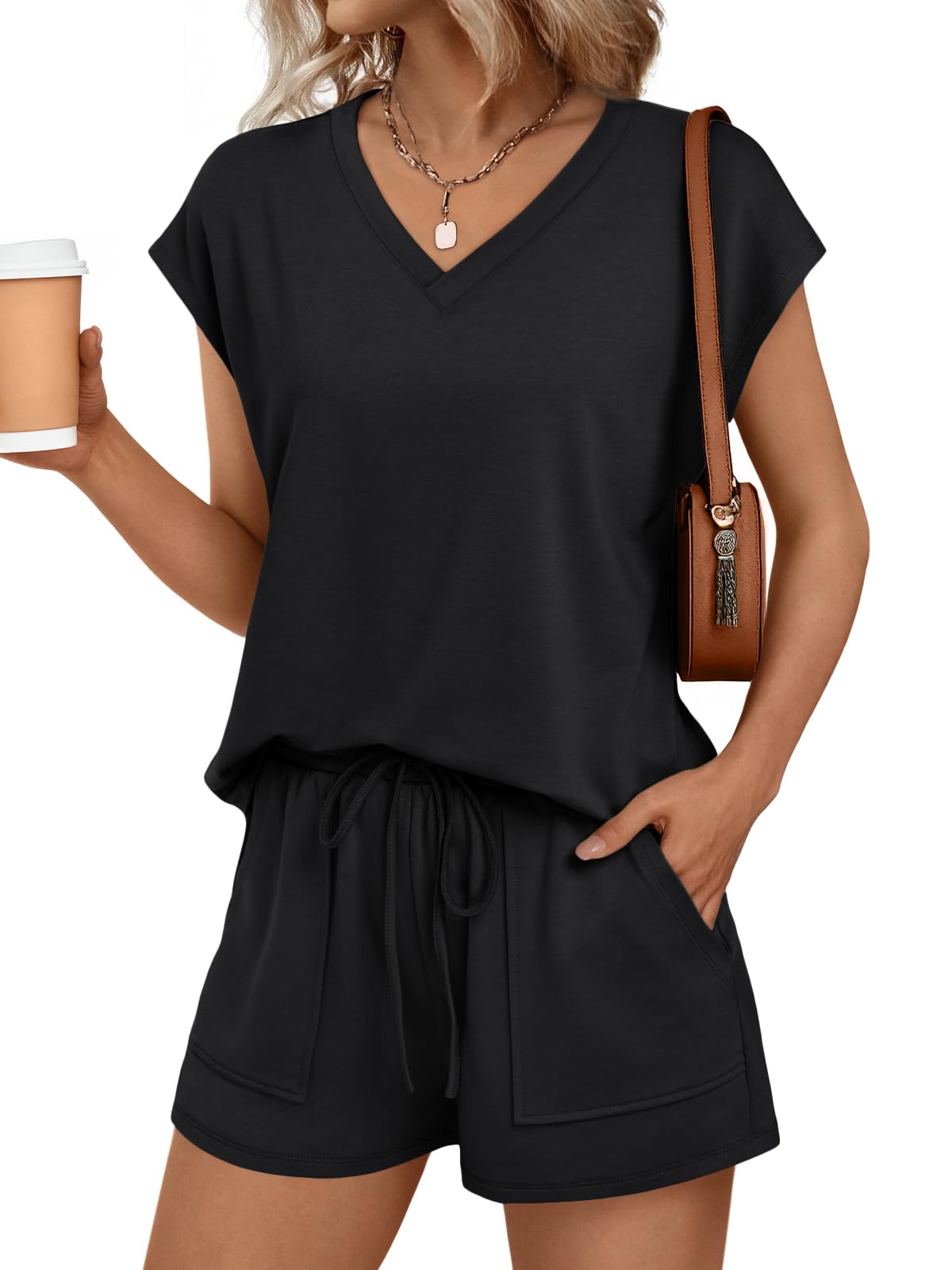 AUTOMET 2 Piece V Neck Cap Sleeve Shirt and Shorts Set Womens Matching Summer Lounge Sets