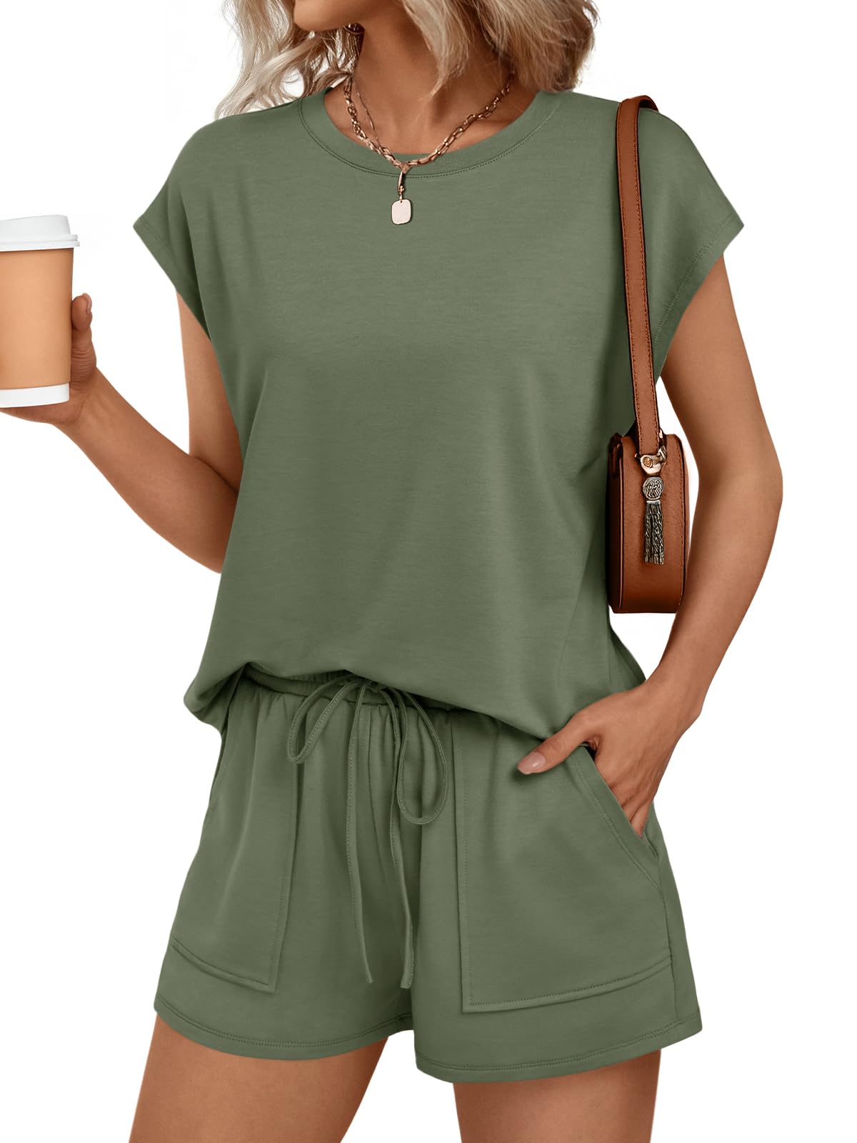 AUTOMET Womens Crew Neck Two Piece short Sets Cap Sleeve Drawstring Summer Sweatsuit with Pocket