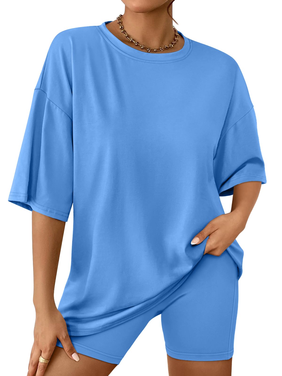 AUTOMET Womens 2 Piece Sets Summer Outfits 2025 Two Piece Lounge Set Matching Clothing Oversized Tshirts Biker Short Fashion