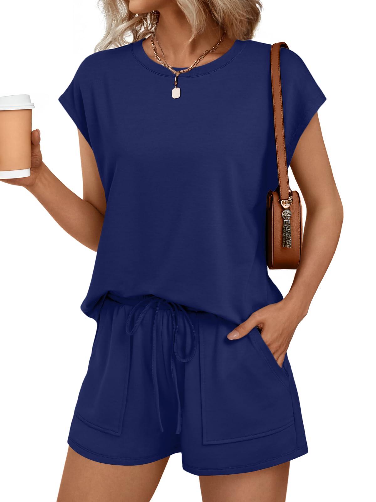 AUTOMET Womens Crew Neck Two Piece short Sets Cap Sleeve Drawstring Summer Sweatsuit with Pocket