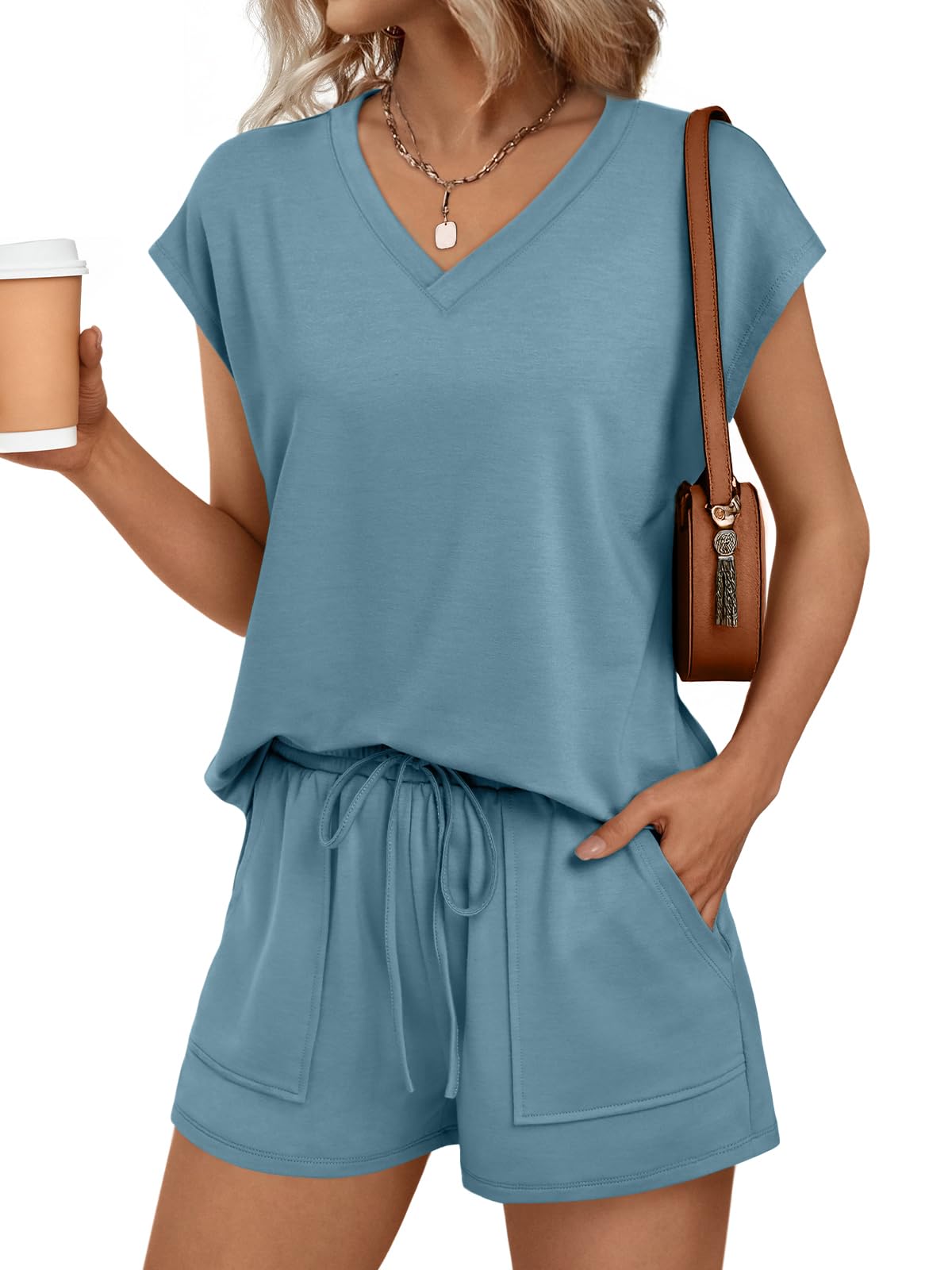 AUTOMET 2 Piece V Neck Cap Sleeve Shirt and Shorts Set Womens Matching Summer Lounge Sets