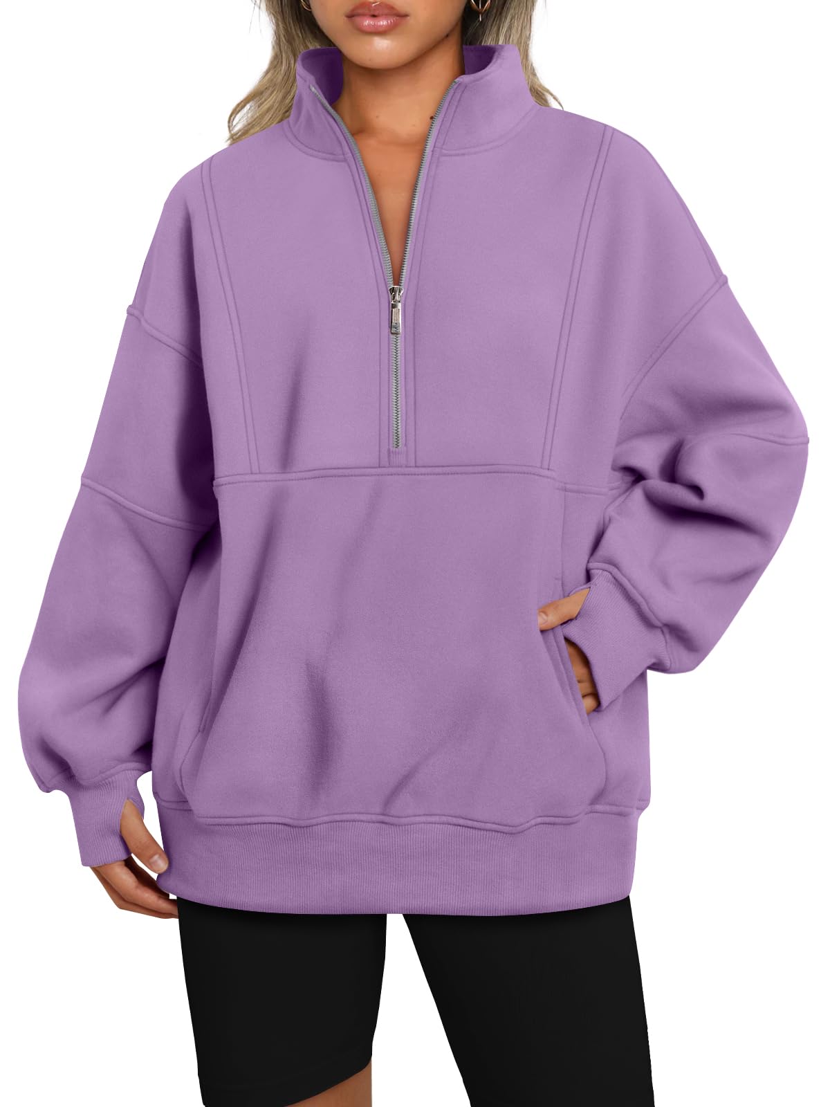 AUTOMET Women's Half Zip Oversized Sweatshirts Fleece Pullover Long Hoodies Casual Mock Turtleneck Sweaters with Pockets