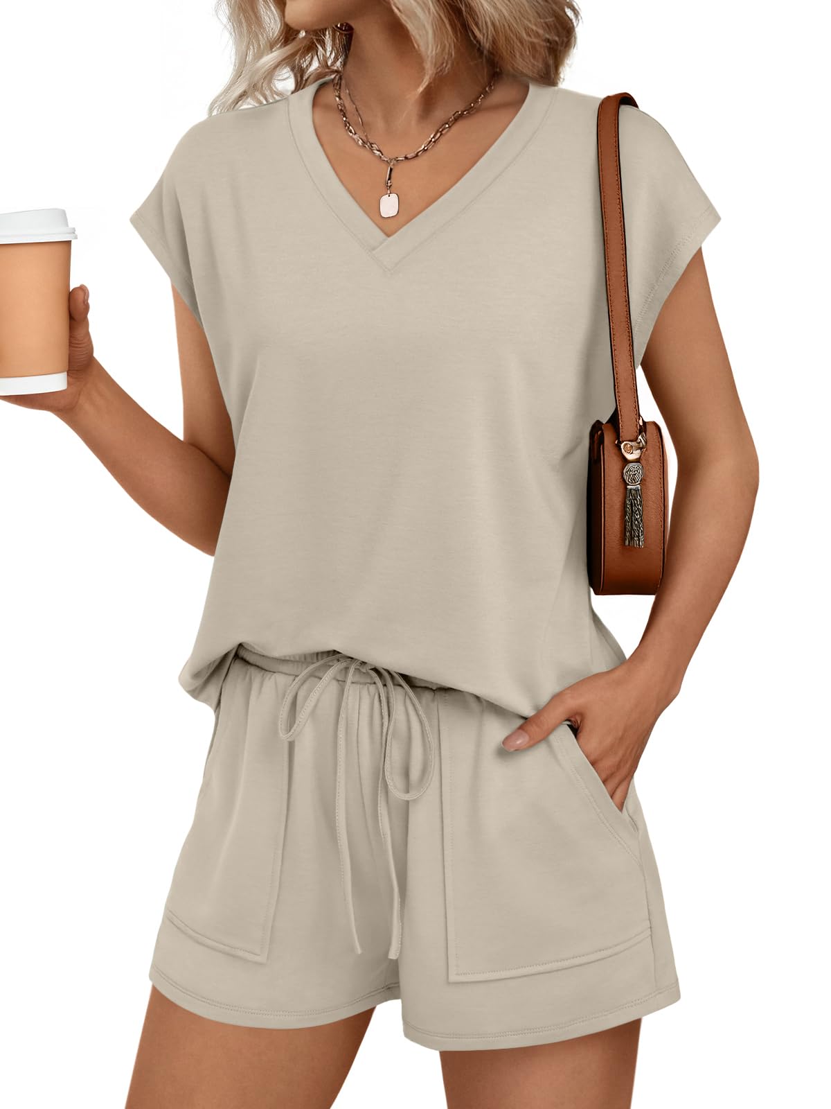 AUTOMET 2 Piece V Neck Cap Sleeve Shirt and Shorts Set Womens Matching Summer Lounge Sets