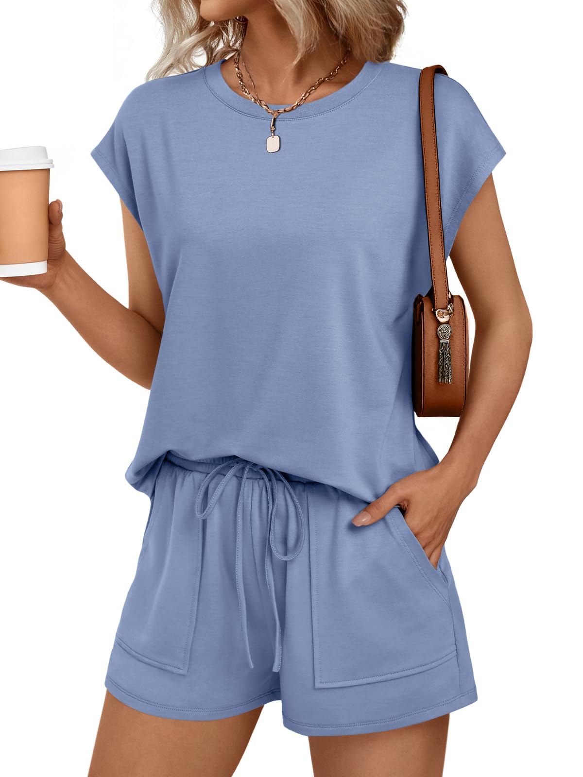 AUTOMET Womens Crew Neck Two Piece short Sets Cap Sleeve Drawstring Summer Sweatsuit with Pocket