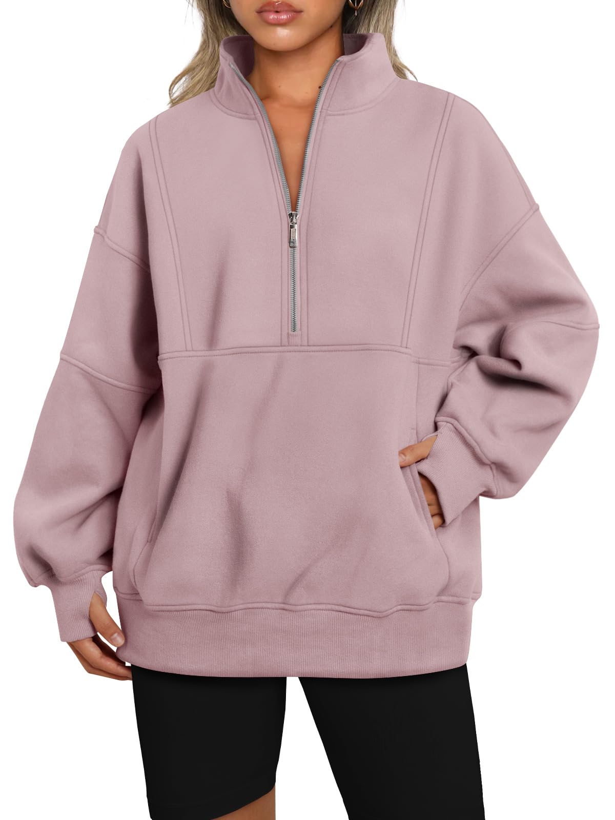 AUTOMET Women's Half Zip Oversized Sweatshirts Fleece Pullover Long Hoodies Casual Mock Turtleneck Sweaters with Pockets