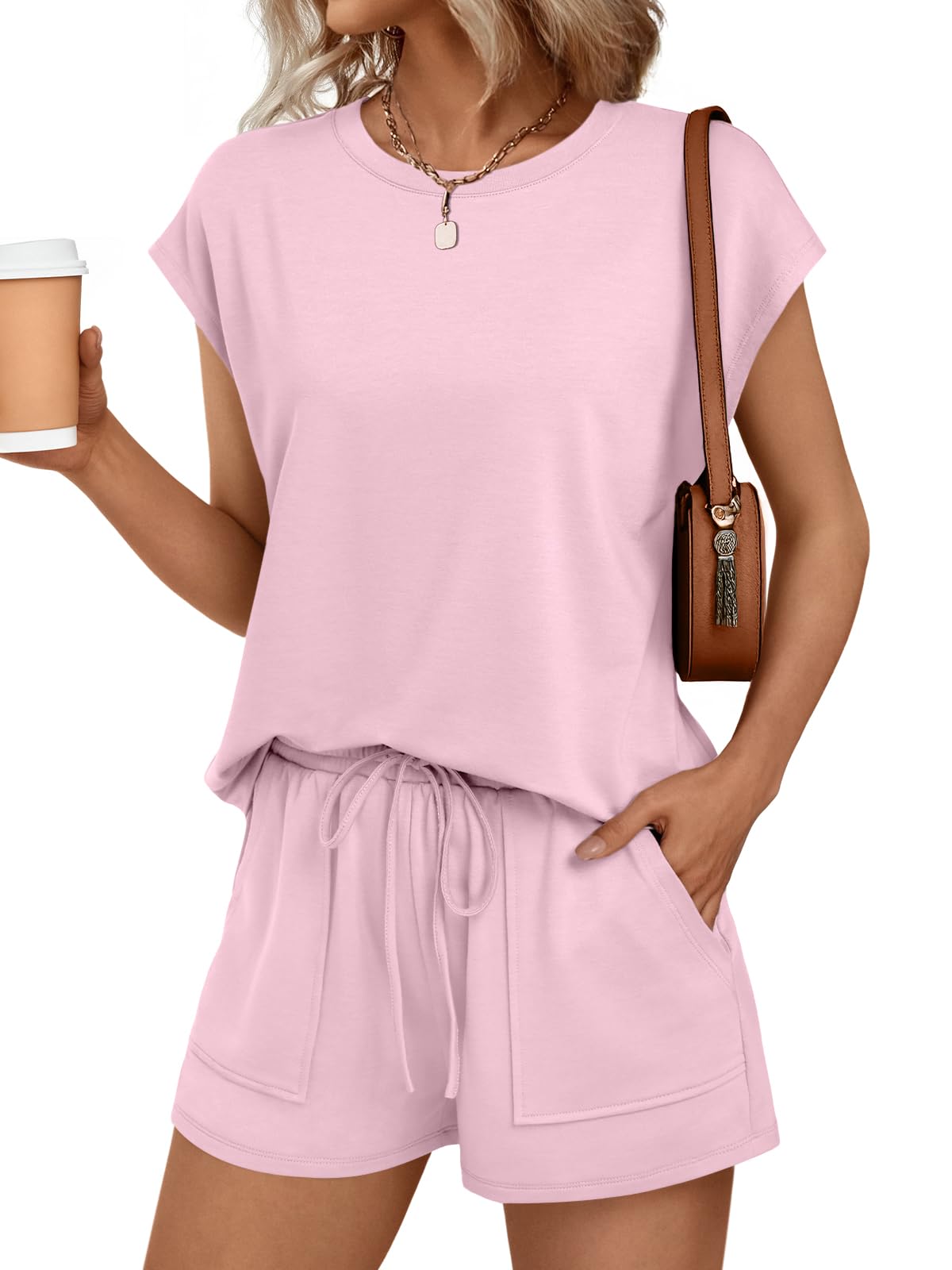 AUTOMET Womens Crew Neck Two Piece short Sets Cap Sleeve Drawstring Summer Sweatsuit with Pocket