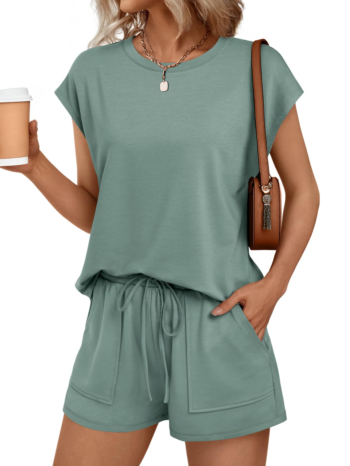 AUTOMET Womens Crew Neck Two Piece short Sets Cap Sleeve Drawstring Summer Sweatsuit with Pocket