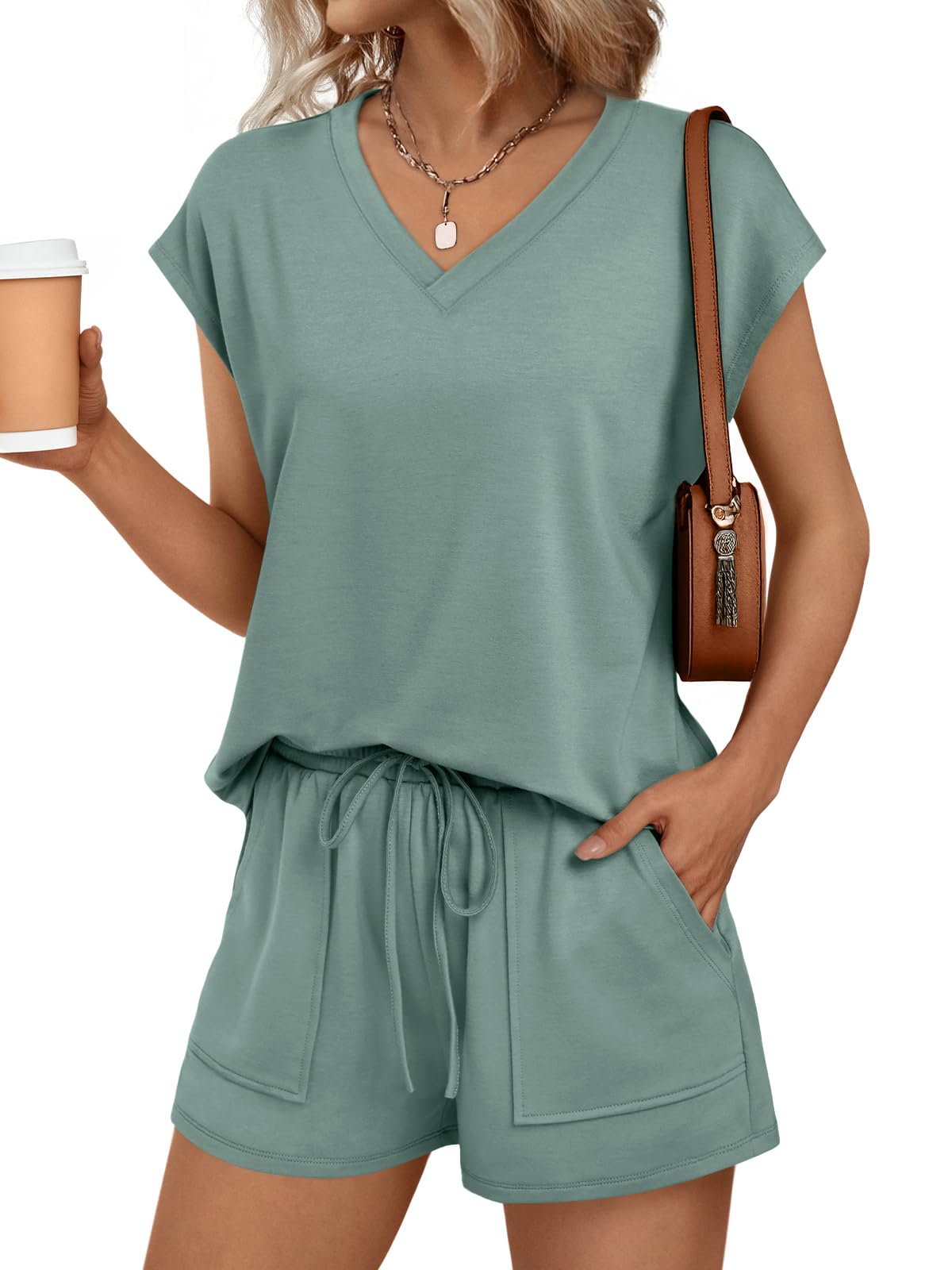 AUTOMET 2 Piece V Neck Cap Sleeve Shirt and Shorts Set Womens Matching Summer Lounge Sets