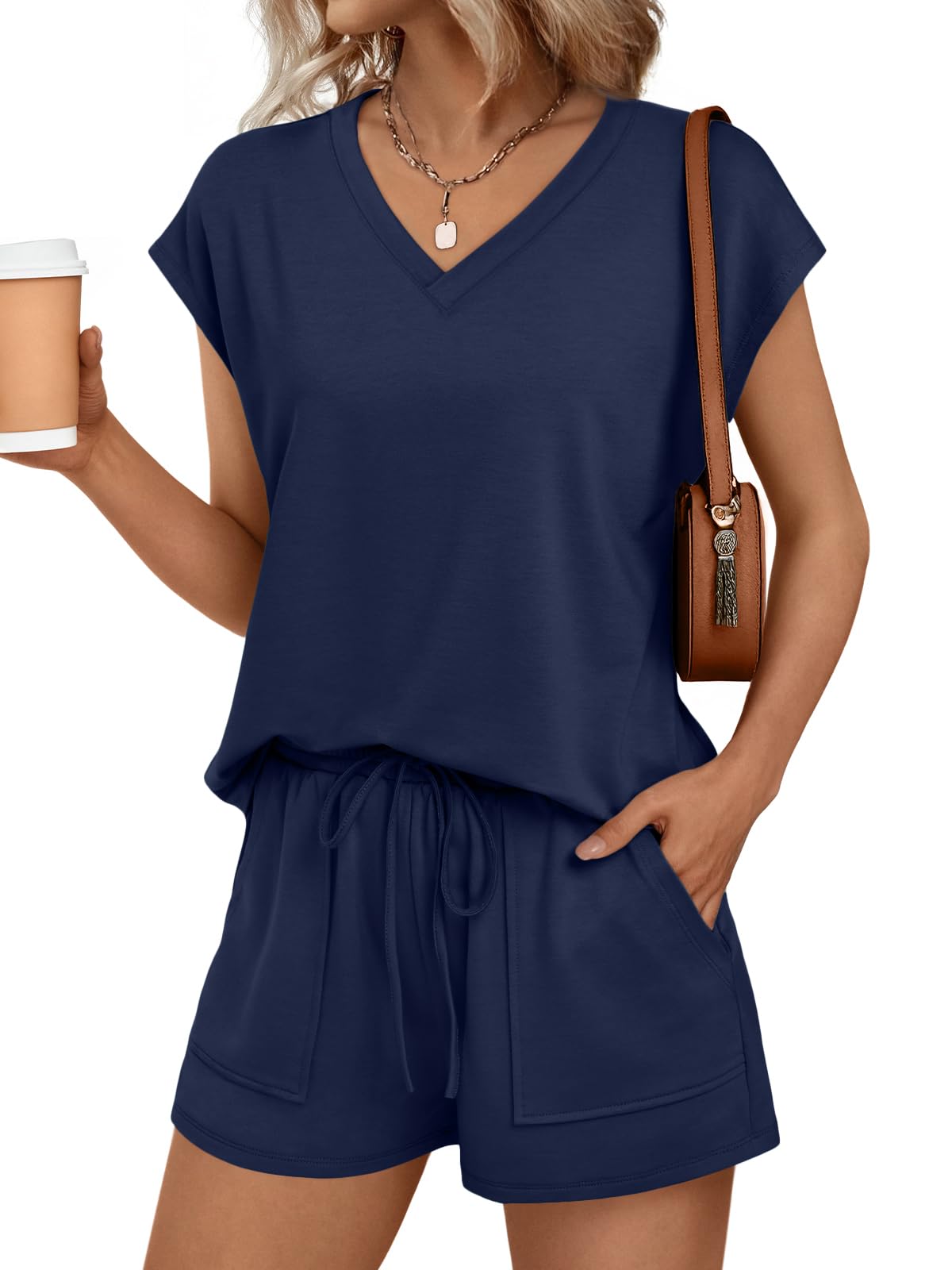 AUTOMET 2 Piece V Neck Cap Sleeve Shirt and Shorts Set Womens Matching Summer Lounge Sets