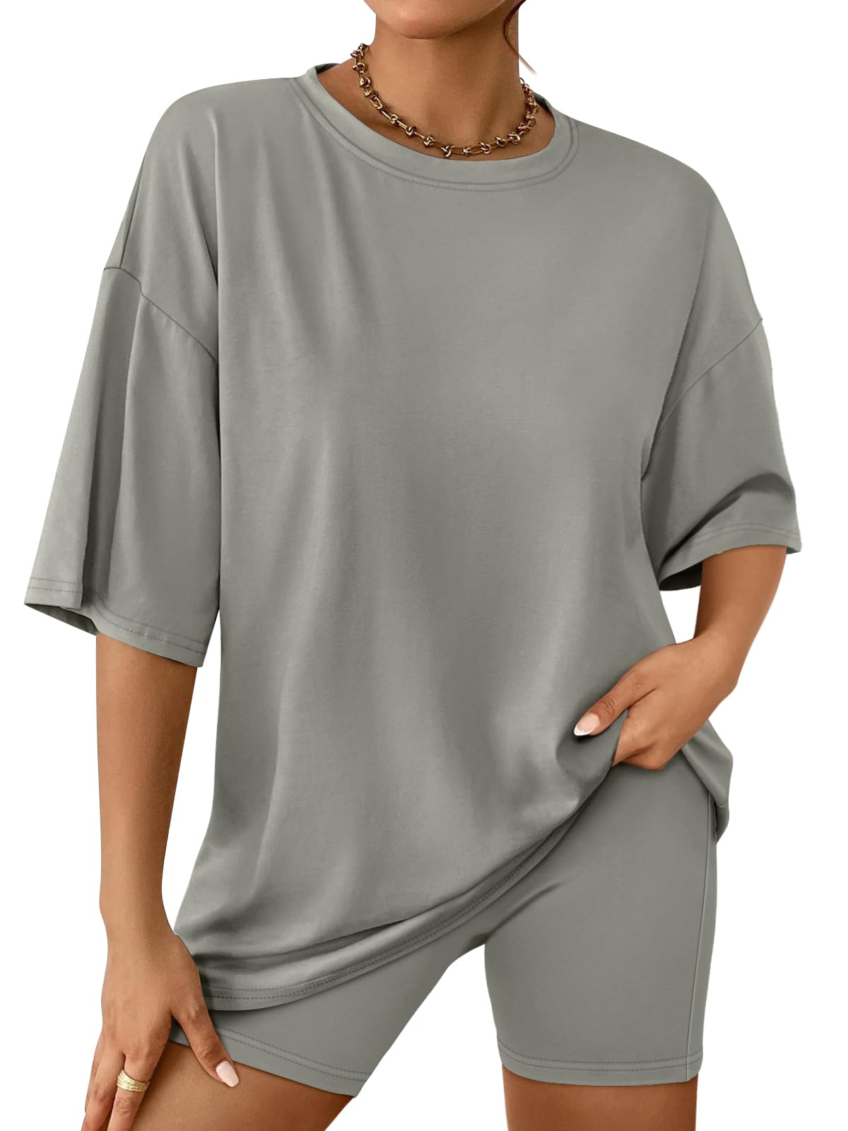 AUTOMET Womens 2 Piece Sets Summer Outfits 2025 Two Piece Lounge Set Matching Clothing Oversized Tshirts Biker Short Fashion