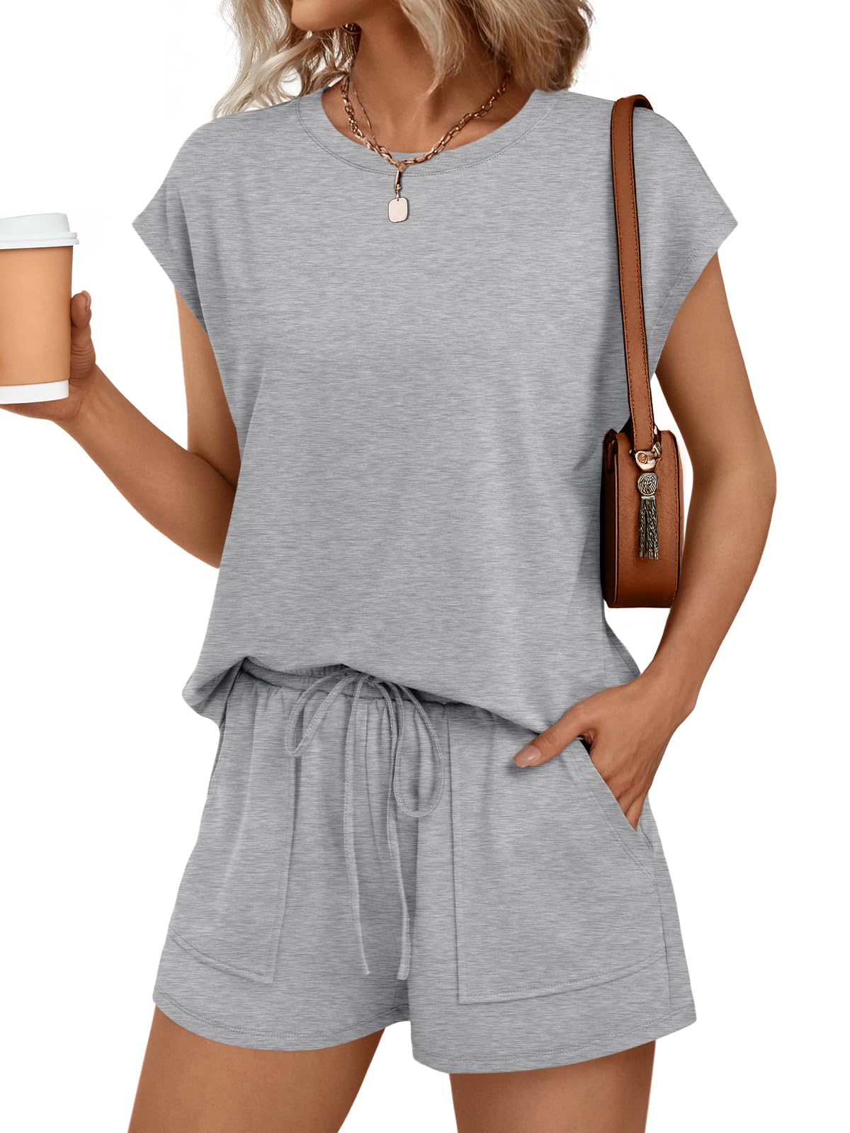 AUTOMET Womens Crew Neck Two Piece short Sets Cap Sleeve Drawstring Summer Sweatsuit with Pocket
