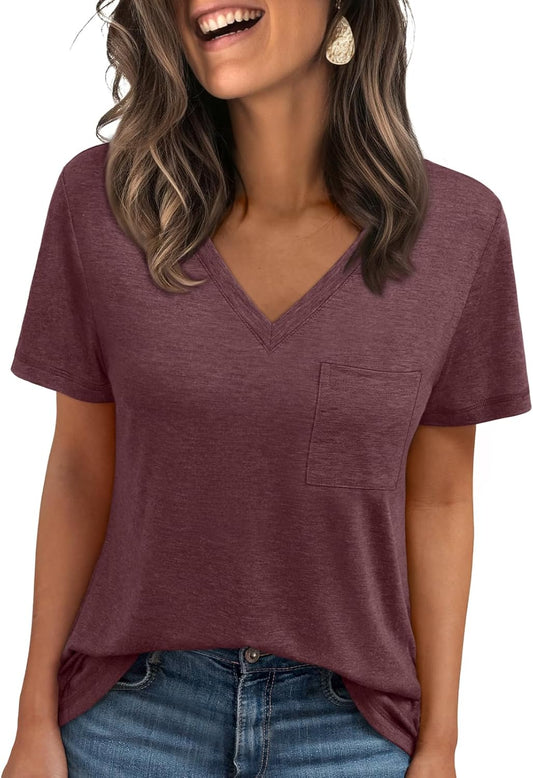 AUTOMET T Shirts for Women Short Sleeve Shirts V Neck Plus Size Summer Tops Casual Beach Vacation Outfits Clothes 2025